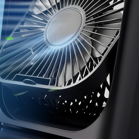 The Original FreezeBreeze Core portable fan sitting on a nightstand, with the new FreezeBreeze Pro releasing soon.